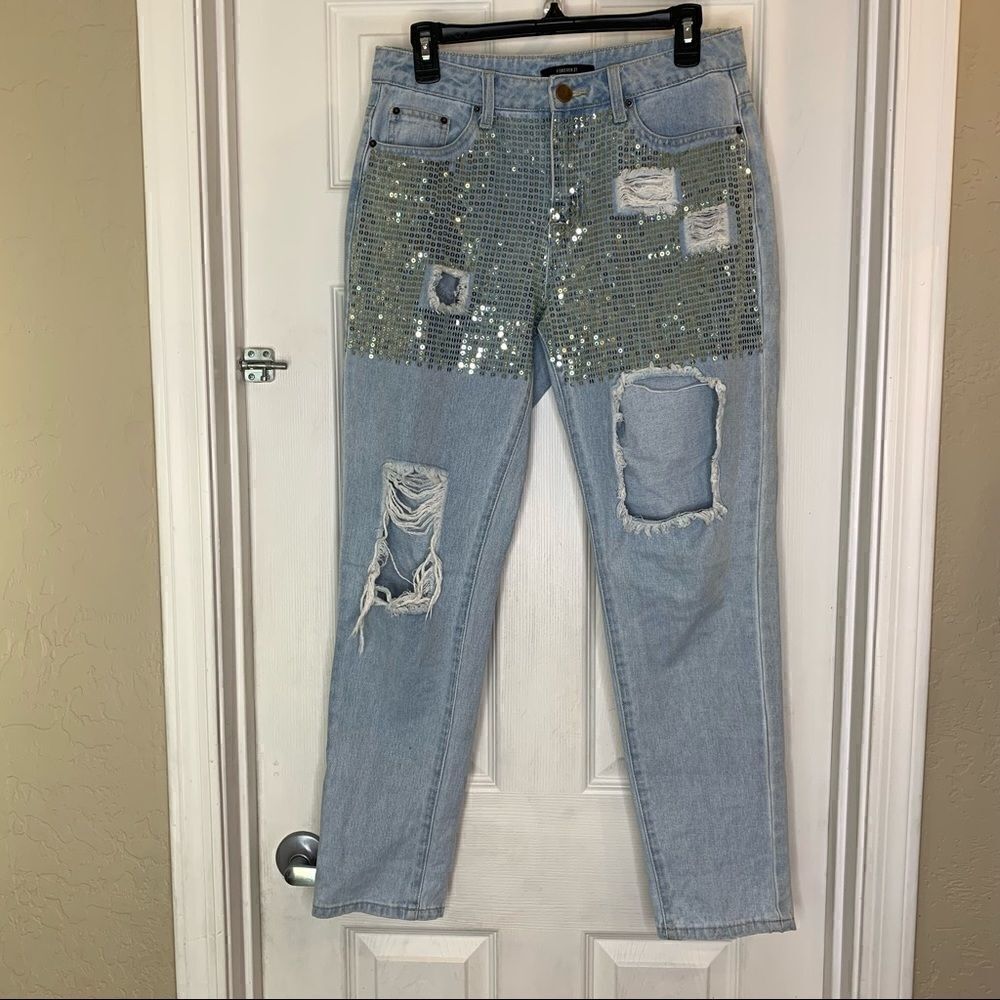Forever 21 Sequin Distressed Boyfriend Style Jeans Size 27